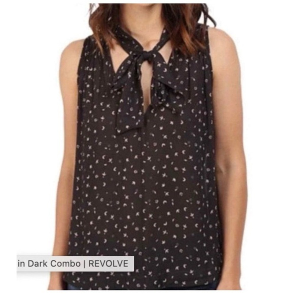 Free People Revolve Sleeveless Tie Neck Bow Tank Blouse Black Print‎ Women's M